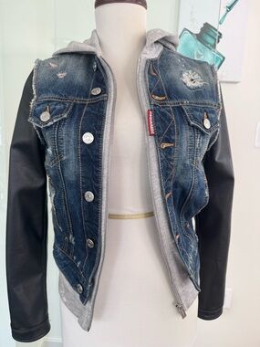 DSQUARED2 Kids Mixed-Media Denim Jacket in Dark Blue and Black